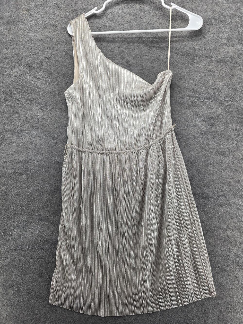 Express Dress Womens M Silver Mini Fit & Flare Short One Shoulder Pleated Belted